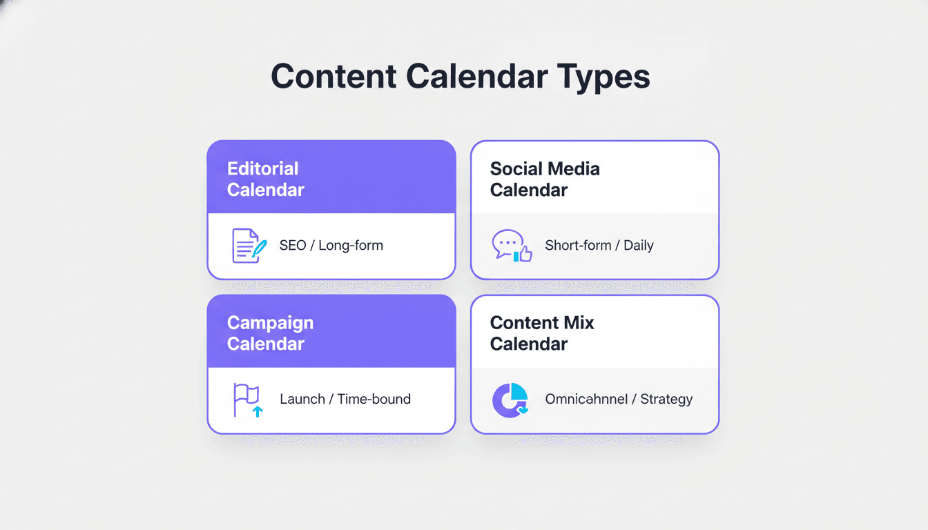 Infographic showing four content calendar types: editorial, social media, campaign, and content mix