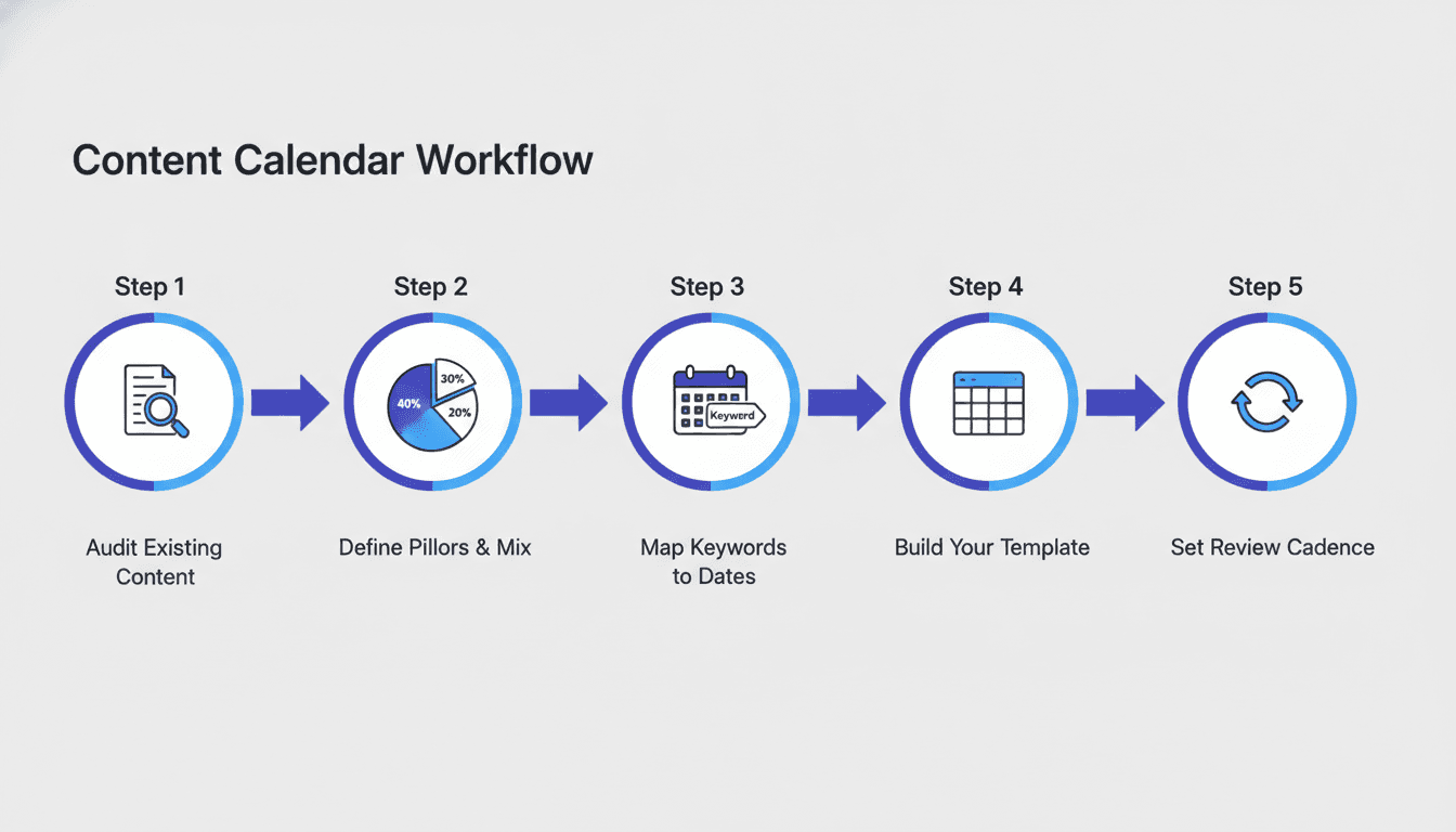 Five-step diagram showing how to create a content calendar from audit to review cadence