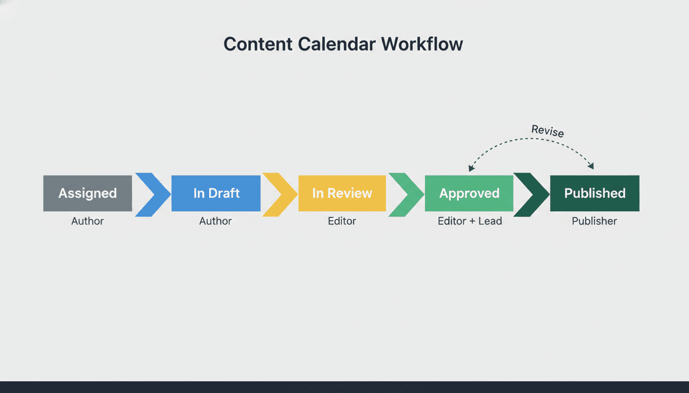 Content workflow status diagram showing five stages from Assigned to Published