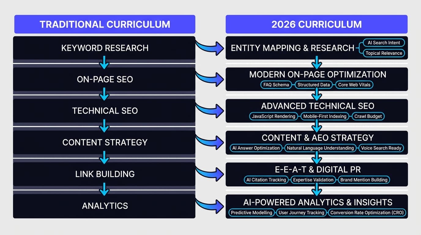 Comparison table diagram showing traditional SEO curriculum versus 2026 modern SEO course curriculum