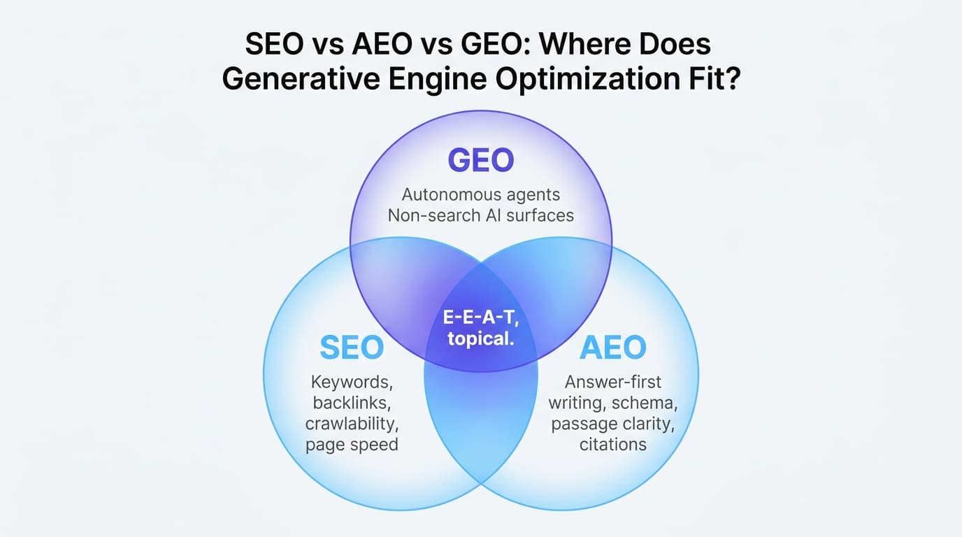 Venn diagram showing the overlap and distinct areas of SEO, AEO, and GEO optimization strategies