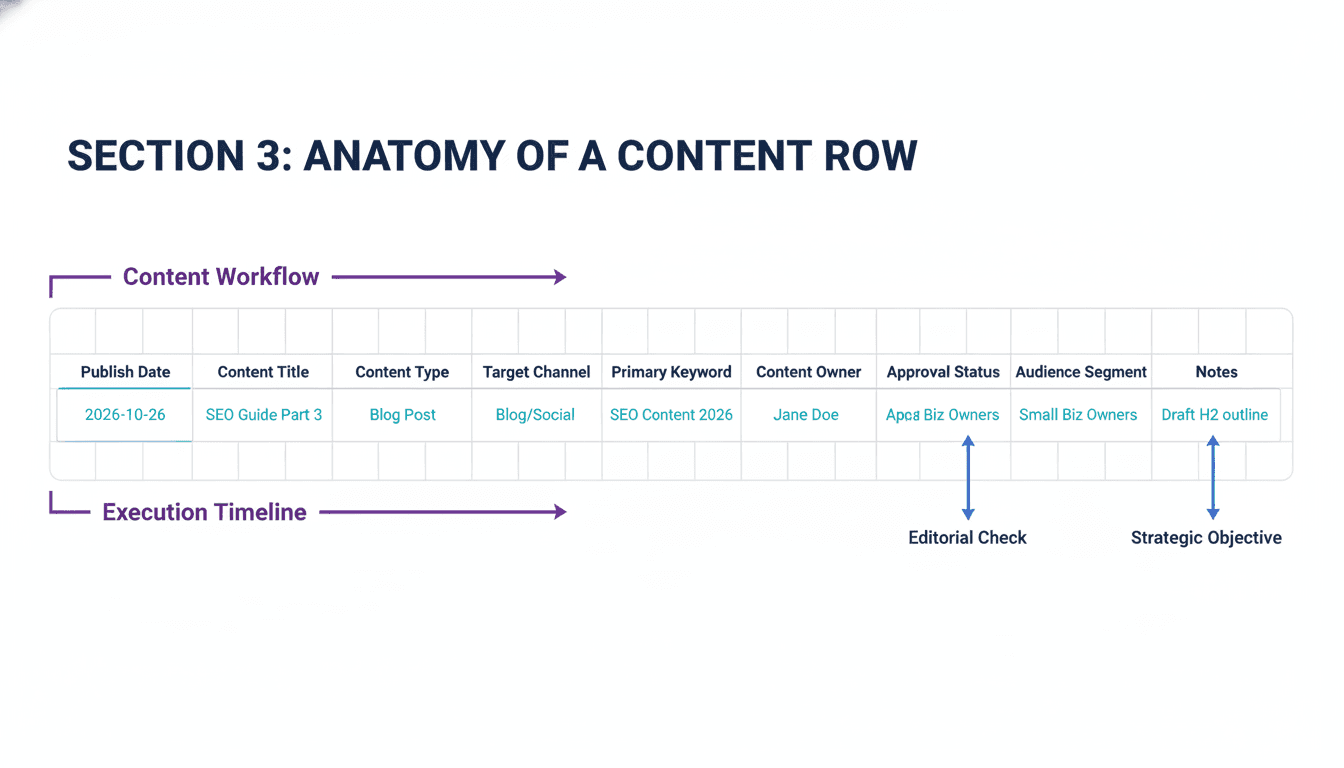 Diagram showing the ten core fields in a content calendar row, from publish date to notes and dependencies