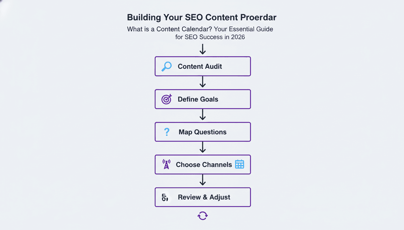 Step-by-step content calendar creation workflow showing six stages from content audit to weekly review