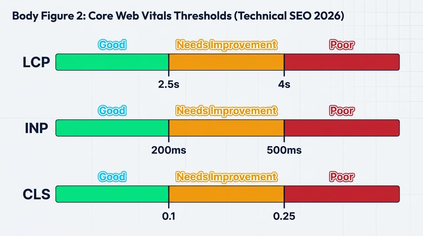 Three Core Web Vitals metrics with their good, needs improvement, and poor thresholds shown as horizontal bar scales