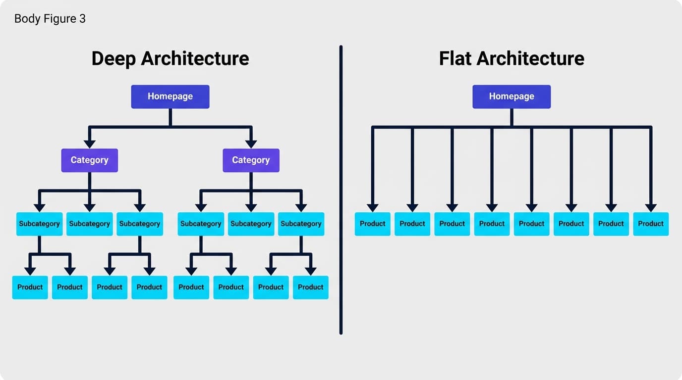 Side-by-side comparison of deep versus flat site architecture showing page depth from homepage