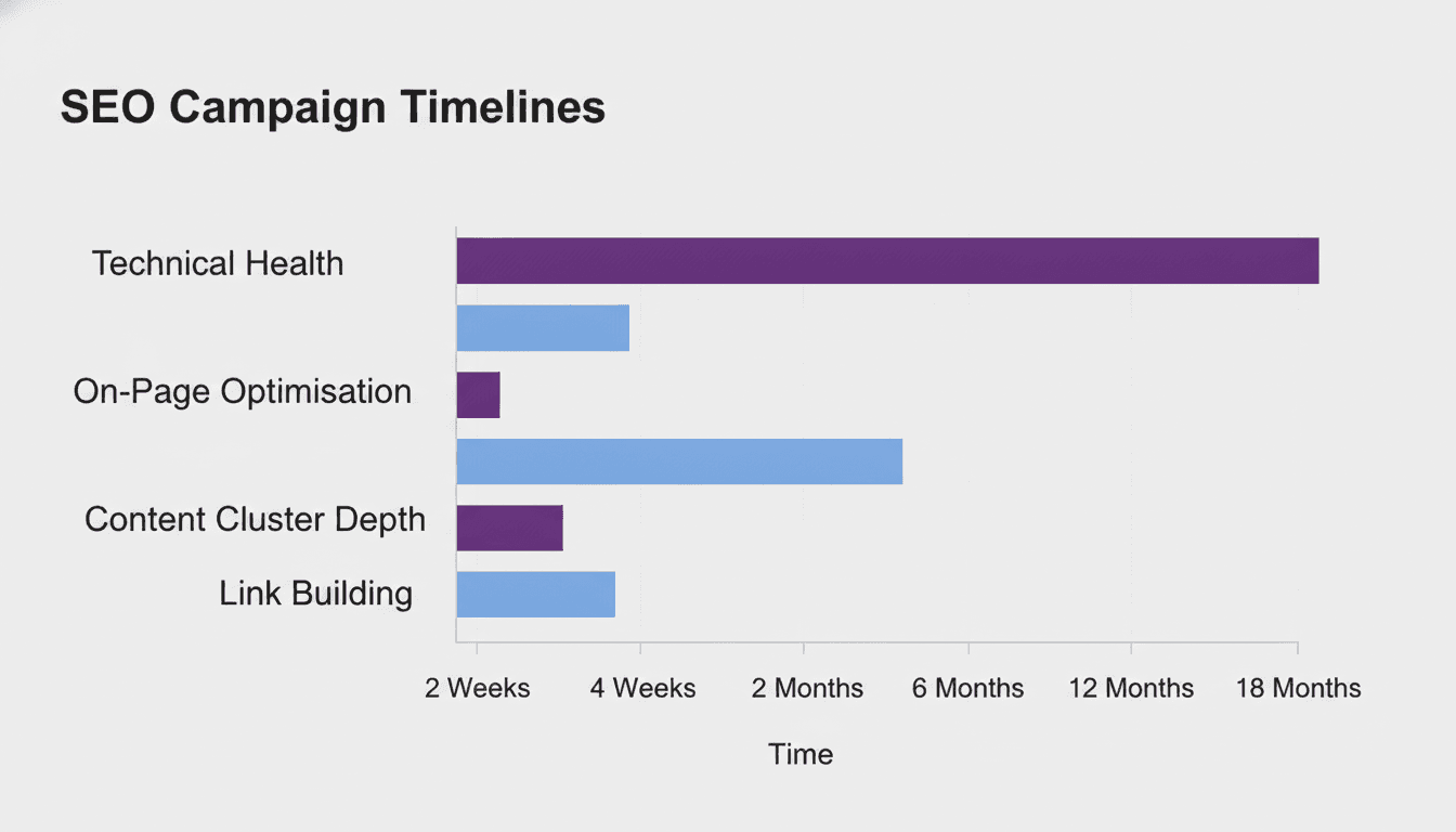Bar chart comparing SEO campaign component timelines from technical health at 2-6 weeks to link building at 6-18 months