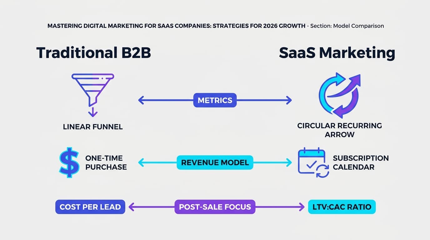 Comparison table showing SaaS marketing versus traditional B2B marketing differences