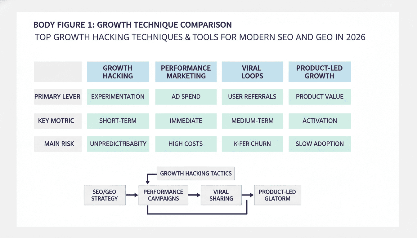 Comparison diagram contrasting growth hacking, performance marketing, viral loops, and product-led growth across four criteria