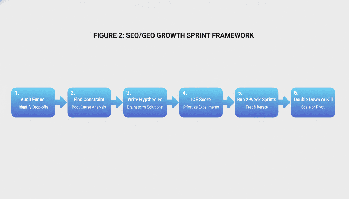 Six-step process for applying growth hacking to content, from funnel audit to doubling down on results