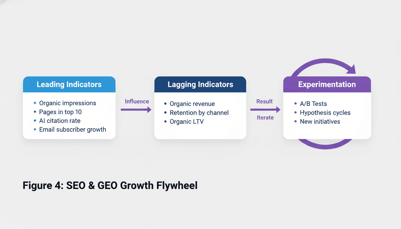 Three-category metric framework showing leading indicators, lagging indicators, and experiment velocity for growth hacking measurement