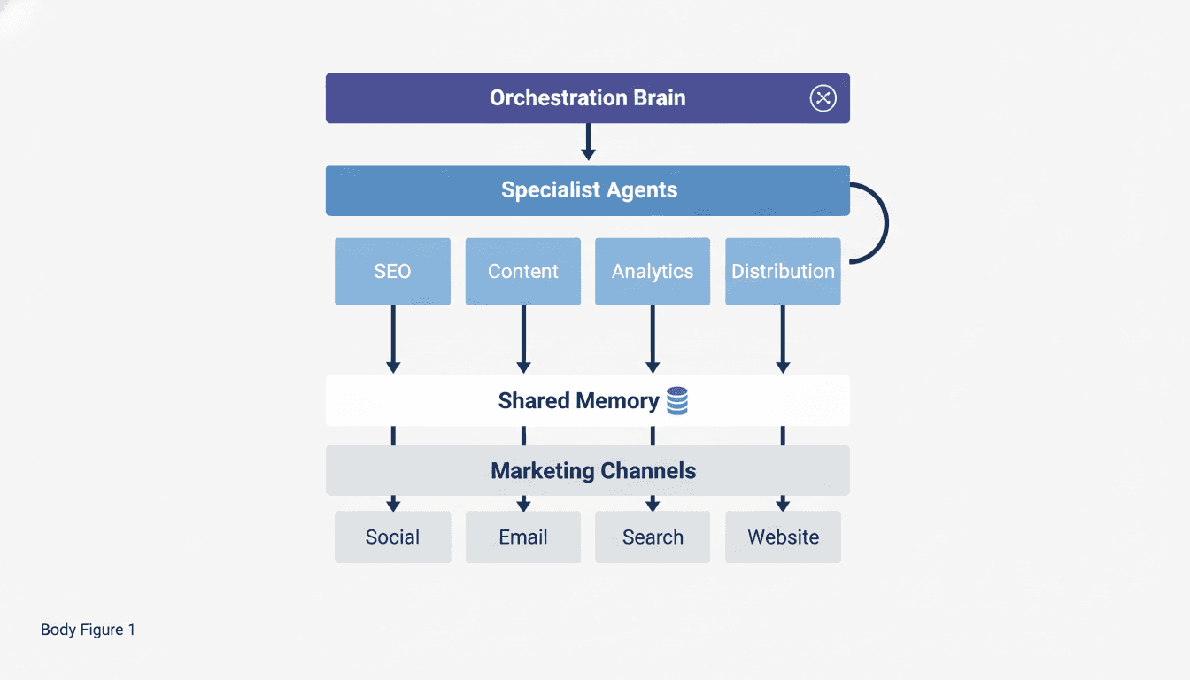 Four-layer agentic marketing architecture diagram showing orchestration, specialist agents, shared memory, and review gates