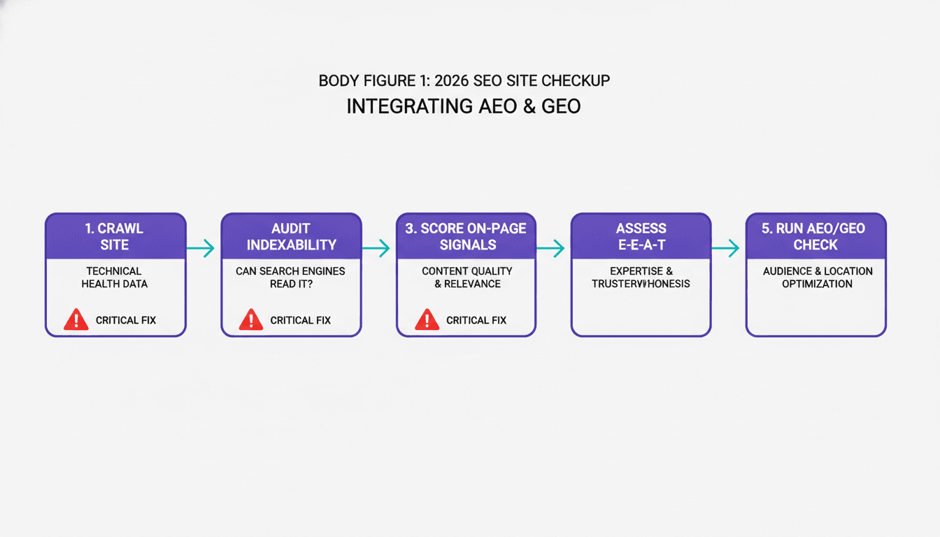 Step-by-step SEO site checkup workflow: crawl, index audit, on-page score, E-E-A-T review, AEO check