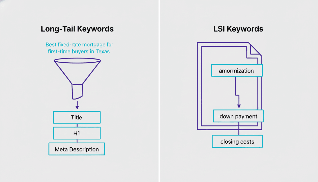 Comparison diagram showing how LSI keywords and long-tail keywords serve different roles in an SEO content strategy