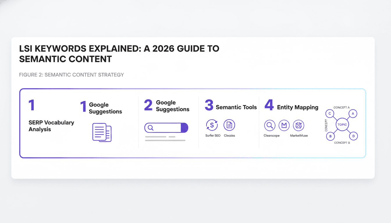 Four-step process infographic for finding LSI keywords using SERP analysis, Google suggestions, semantic tools, and entity mapping
