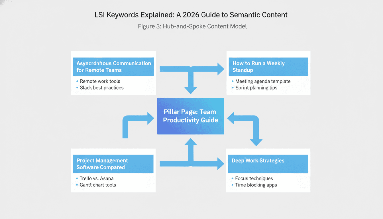 Topic cluster diagram showing how LSI keyword-rich cluster pages link back to a central pillar page for team productivity