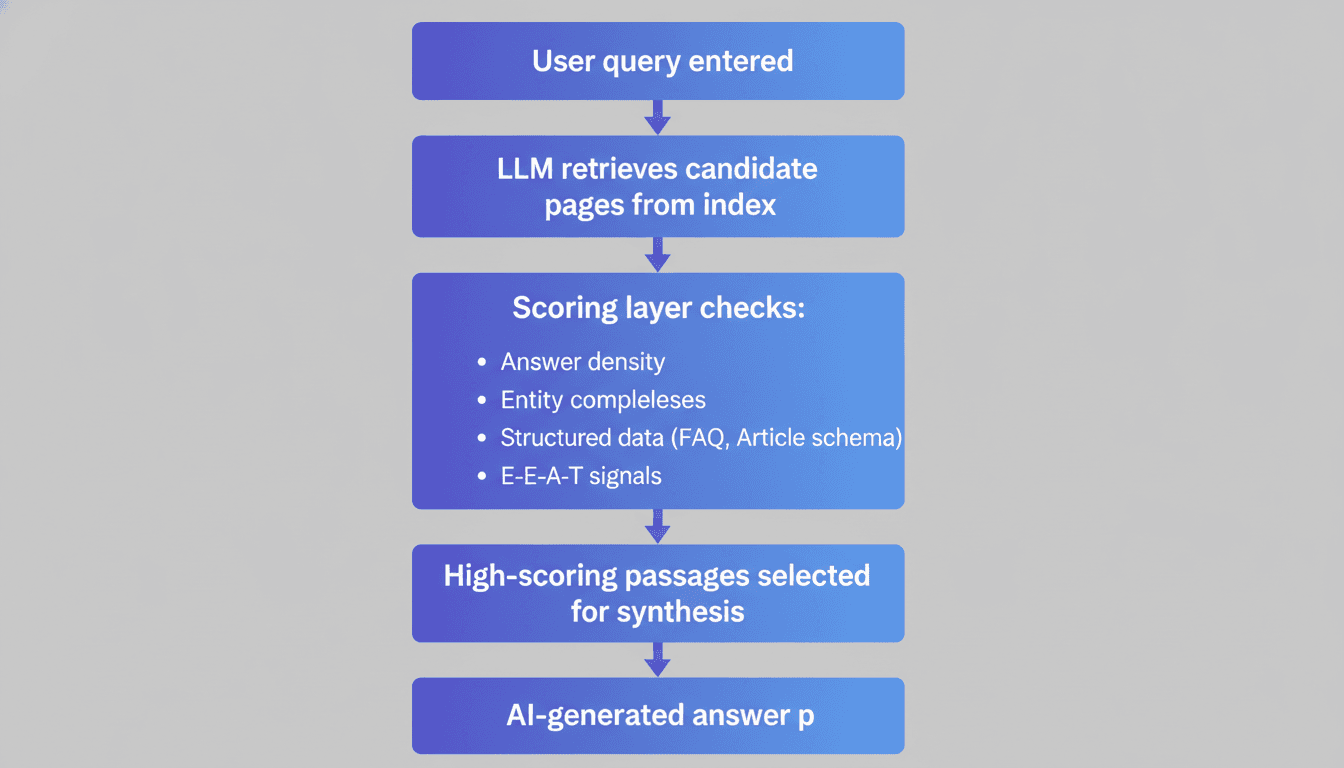 Diagram showing how an AI search engine selects and cites content using answer density, entity coverage, schema, and E-E-A-T signals