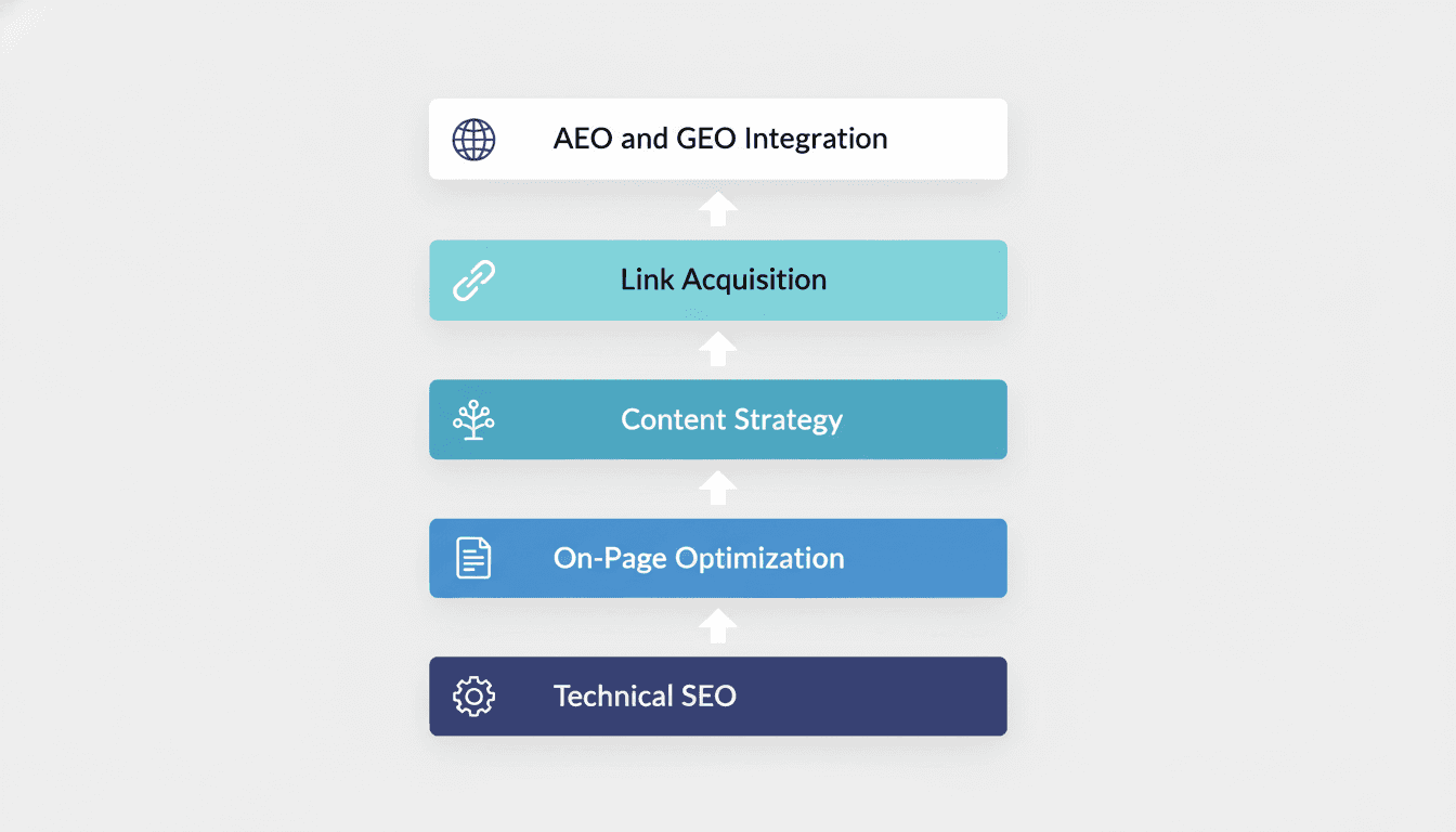 Five-layer diagram showing what SEO services include in 2026 from technical foundation to AEO and GEO at the top