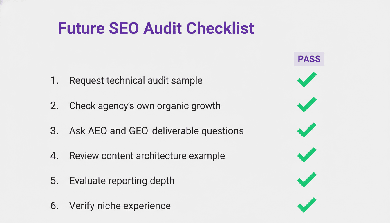 Six-step SEO agency evaluation framework shown as a numbered checklist with pass and fail indicators