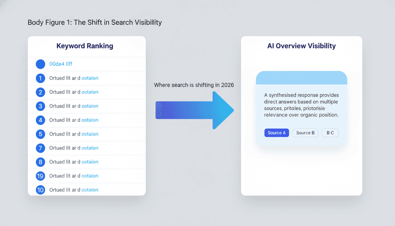 Diagram showing the difference between traditional keyword ranking and AI Overview visibility for a digital marketing agency