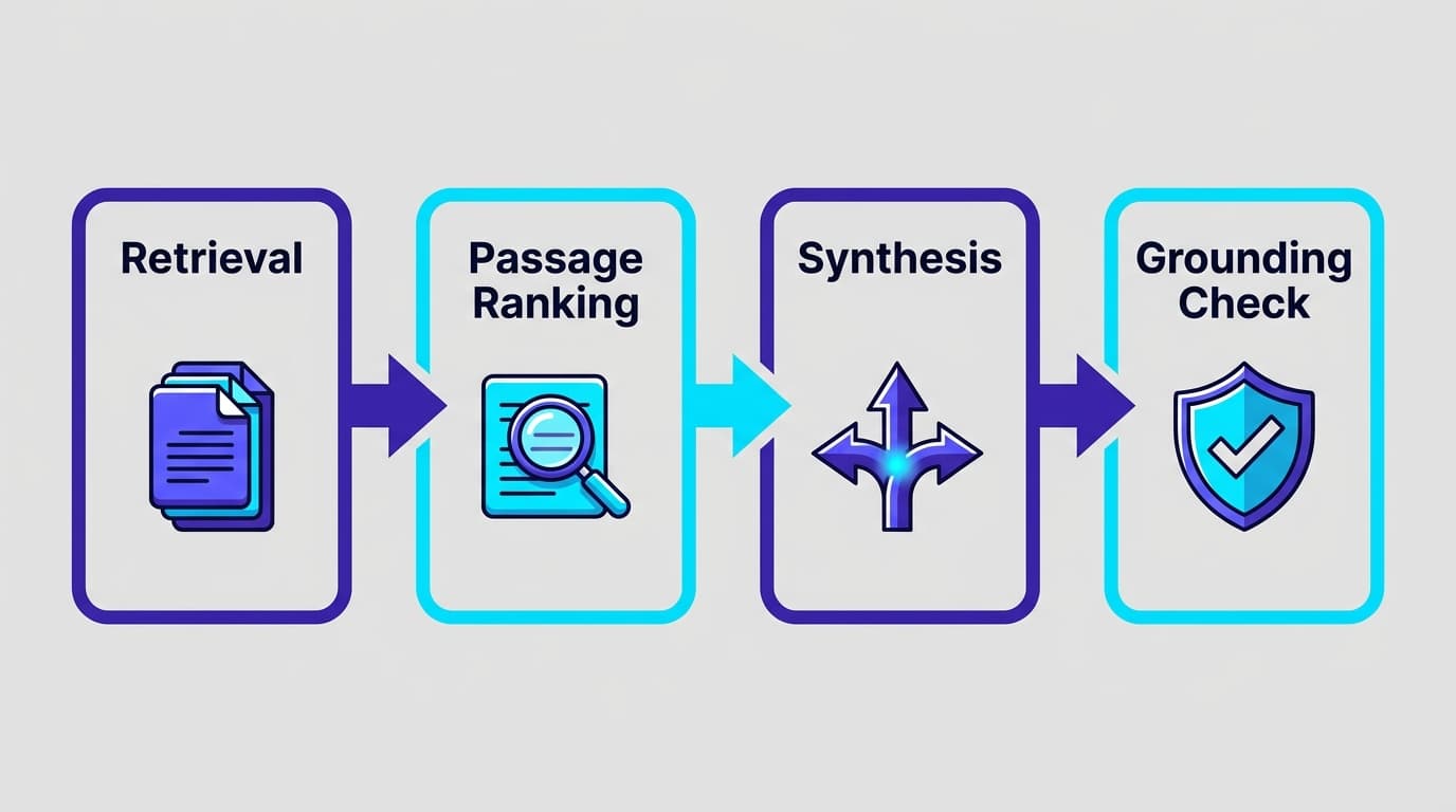 Diagram showing the four-step RAG pipeline deep search AI uses to retrieve and synthesize content