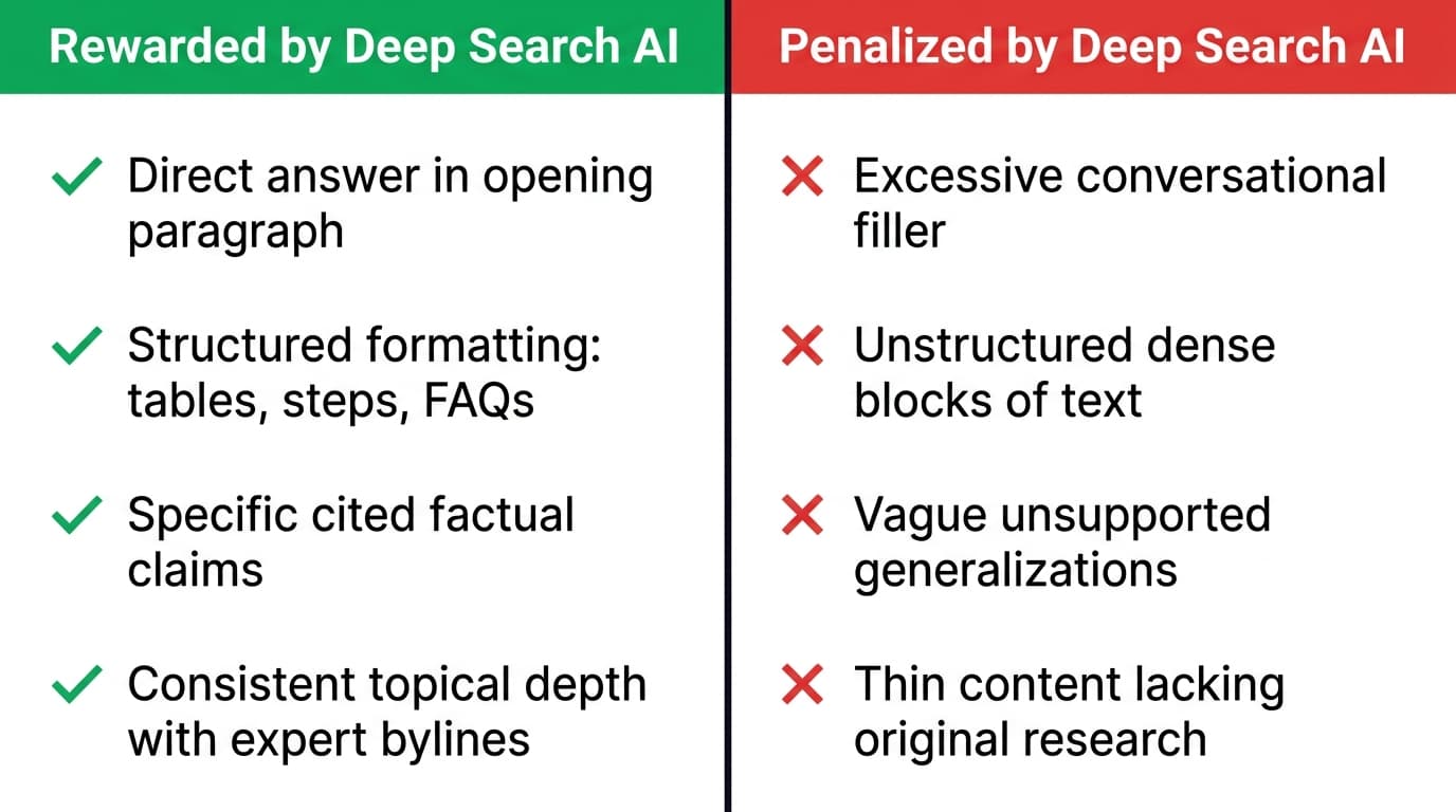 Infographic comparing what deep search AI rewards versus penalizes in SEO content