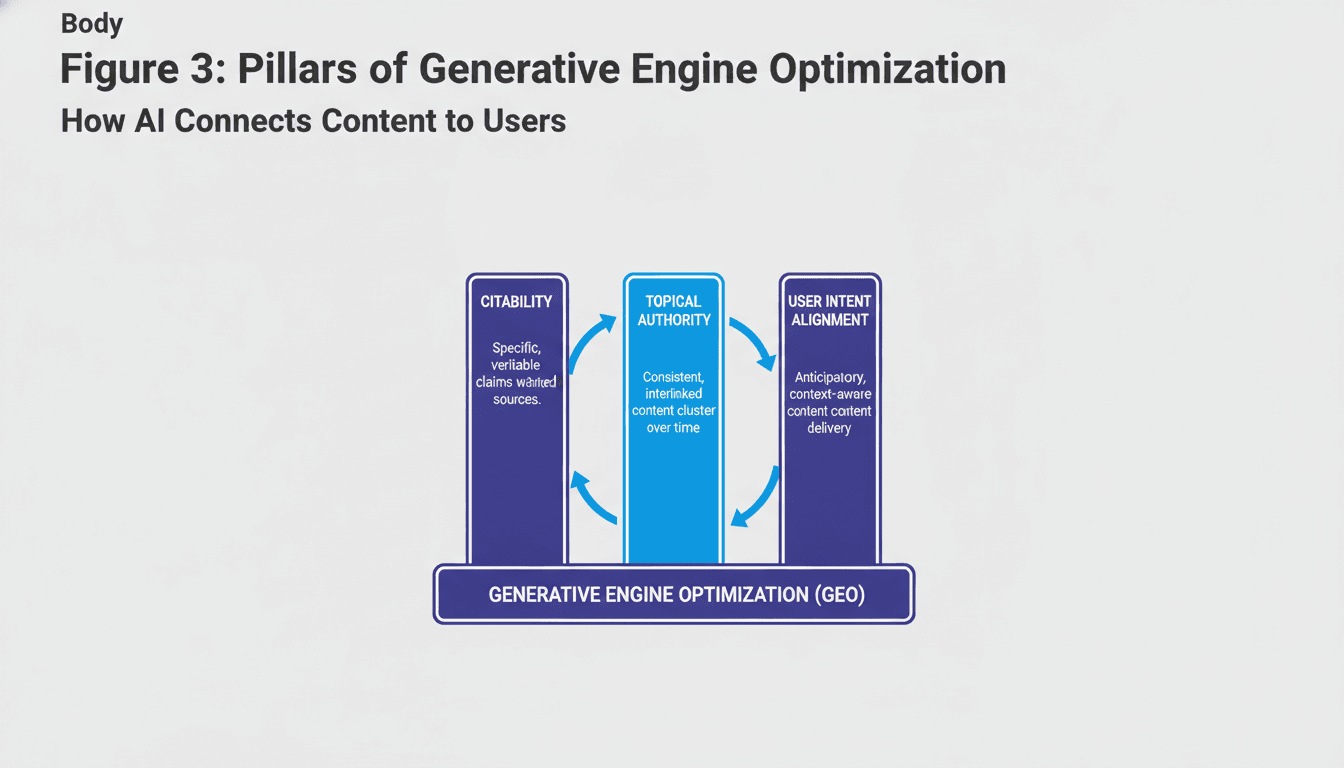 Three-pillar diagram illustrating the generative engine optimization framework for deep search AI