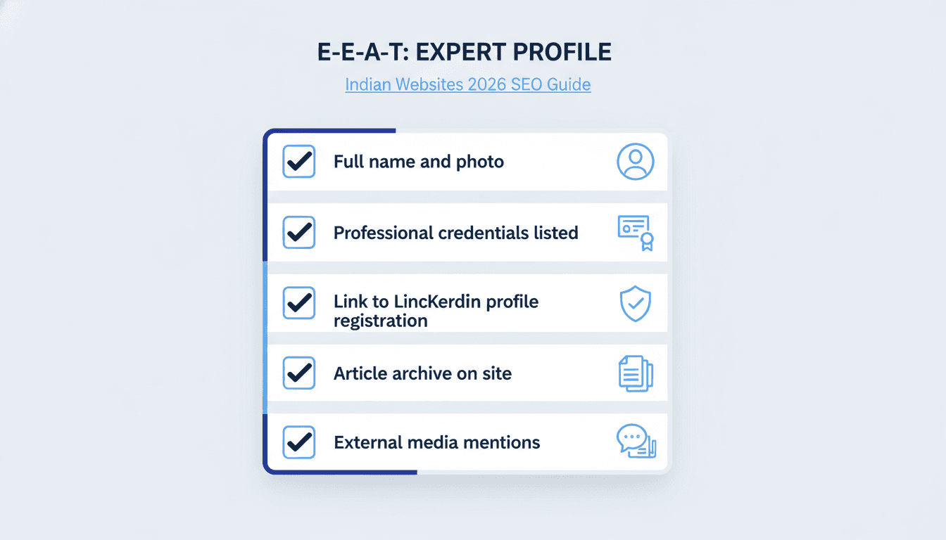 Author profile checklist for Indian websites showing required fields for strong E-E-A-T author pages