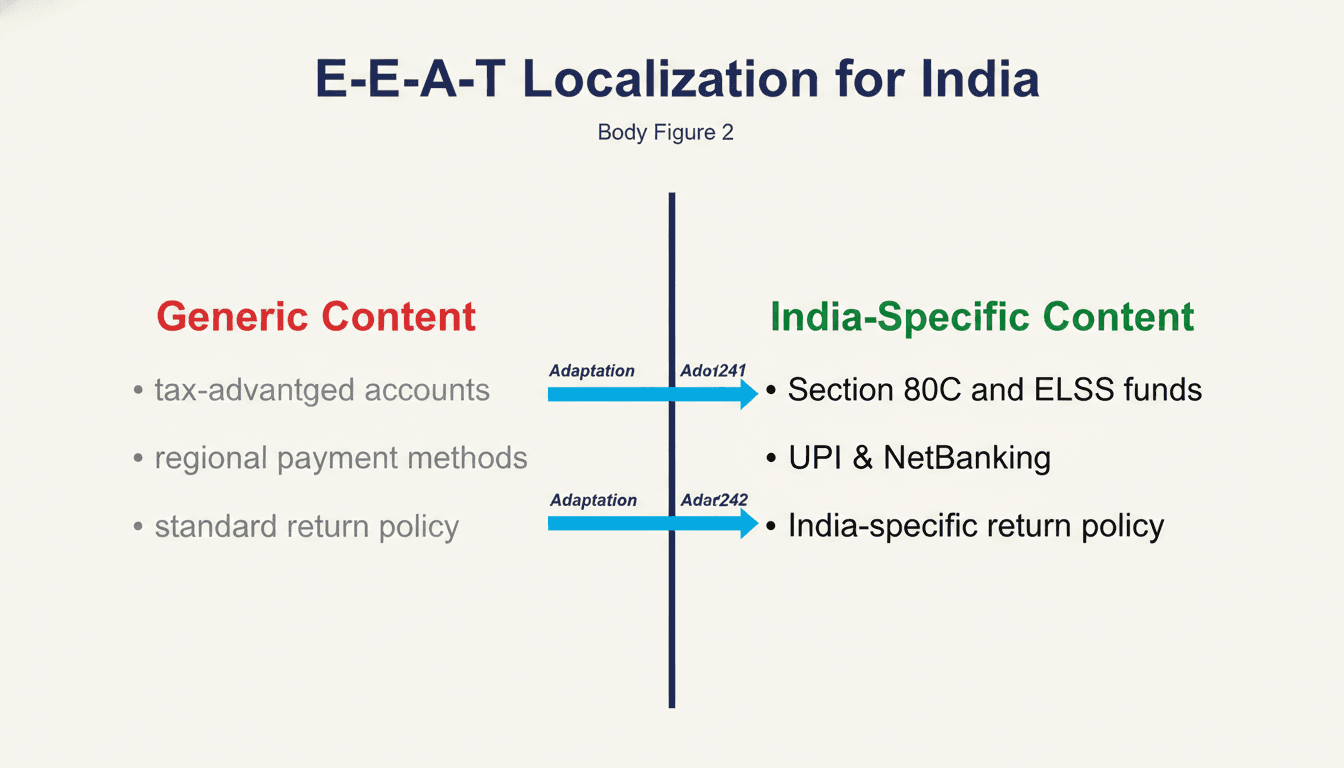 Side-by-side comparison of generic content versus India-specific content showing local experience signals for E-E-A-T