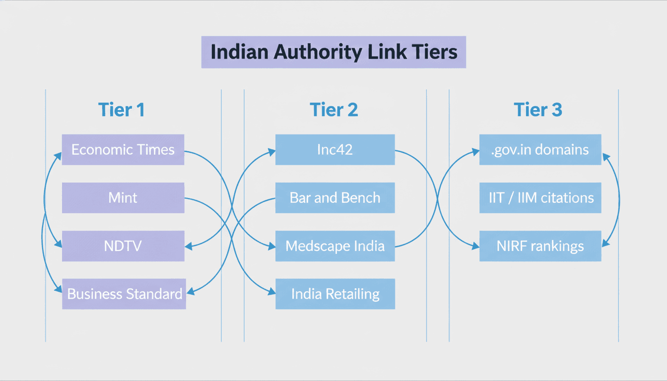 Three-tier Indian link authority pyramid showing media tiers for building authoritativeness for Indian websites