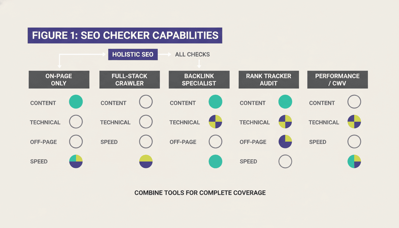 Diagram comparing five website SEO checker tool categories by what each checks and misses