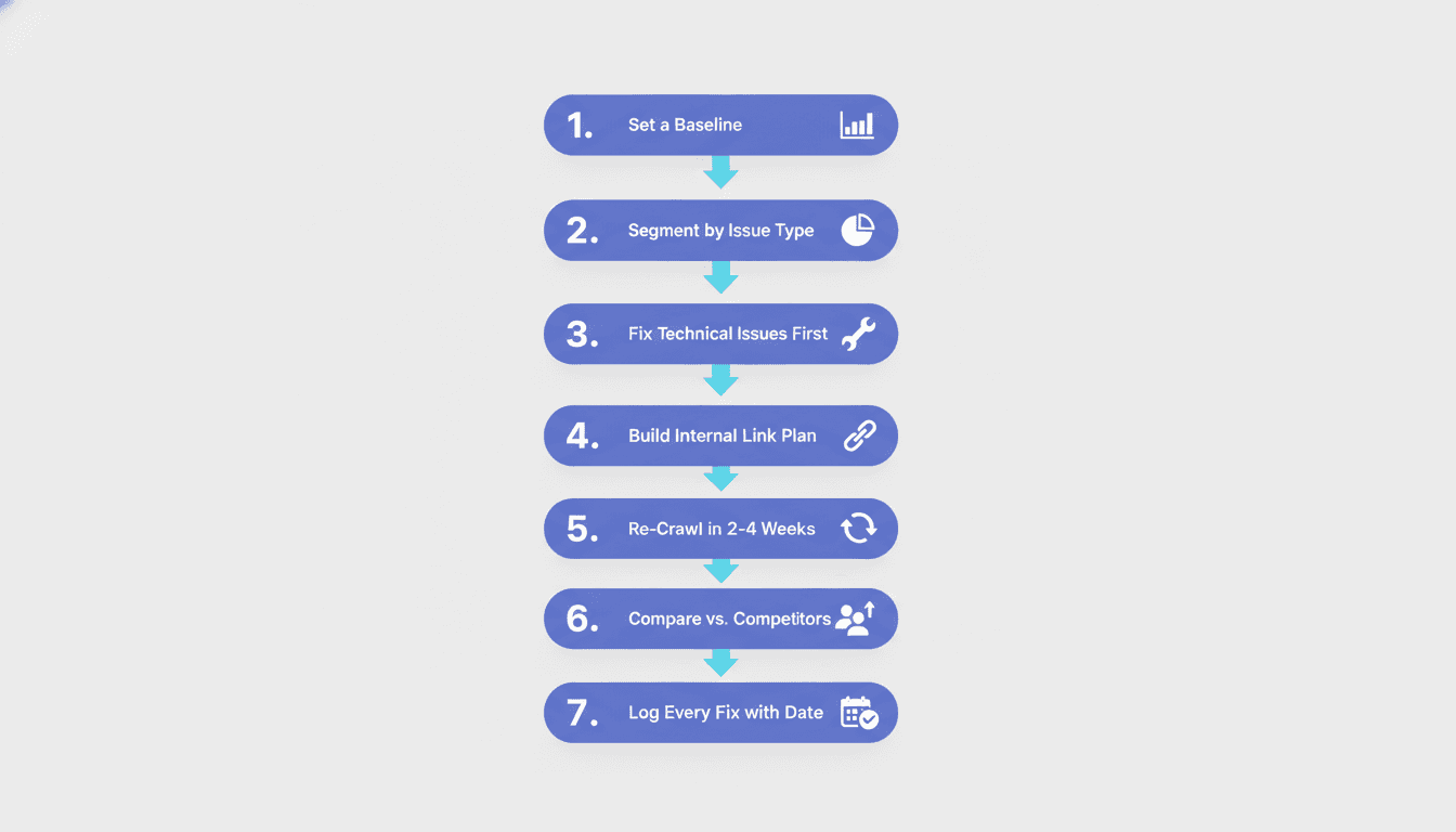 Seven-step workflow for using a website SEO checker effectively, from baseline export to competitor comparison