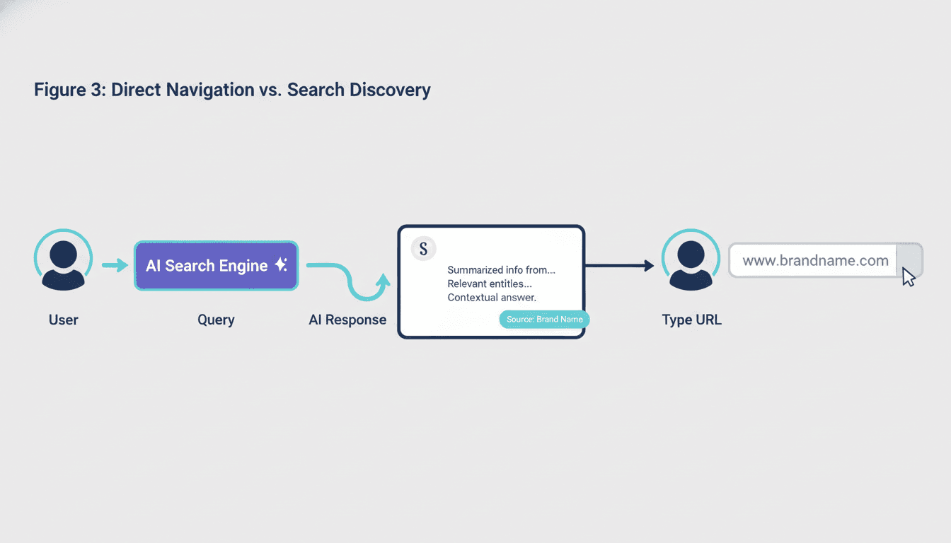 Three-stage flowchart showing how an AI search citation creates a delayed direct URL navigation visit from the same user