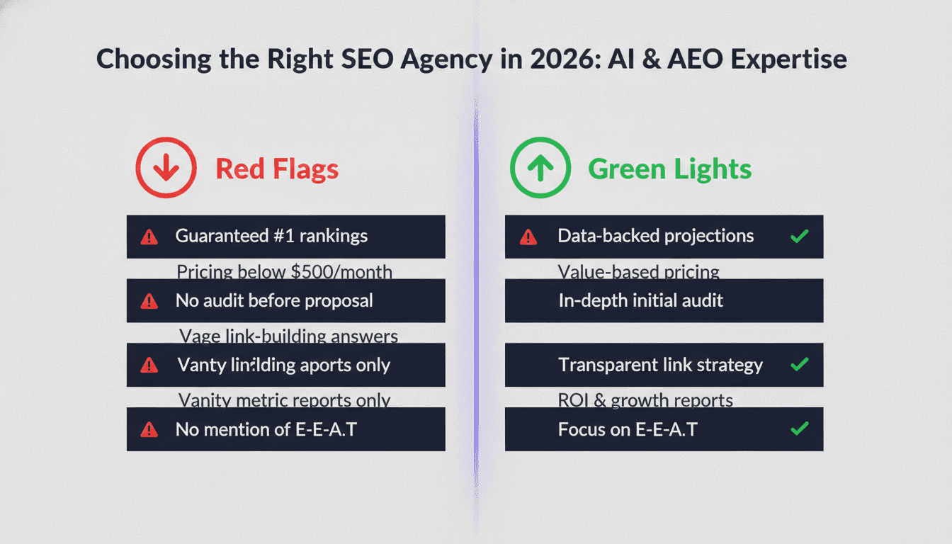 Comparison table of SEO agency red flags versus green-light signals for buyers