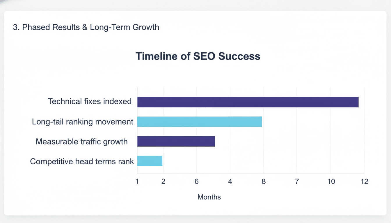 Bar chart showing SEO timeline milestones from month one to month twelve under agency management