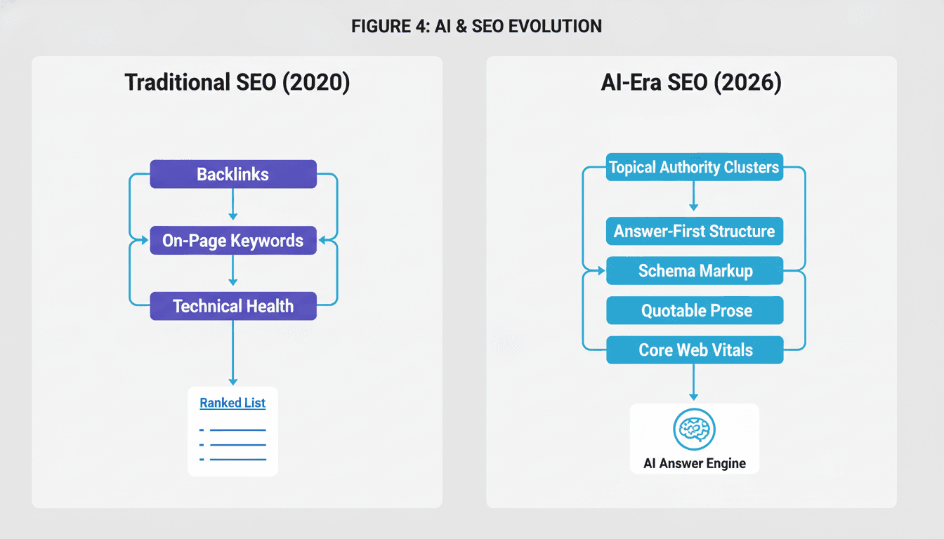 Diagram contrasting traditional SEO ranking signals with AEO and GEO citation signals in 2026