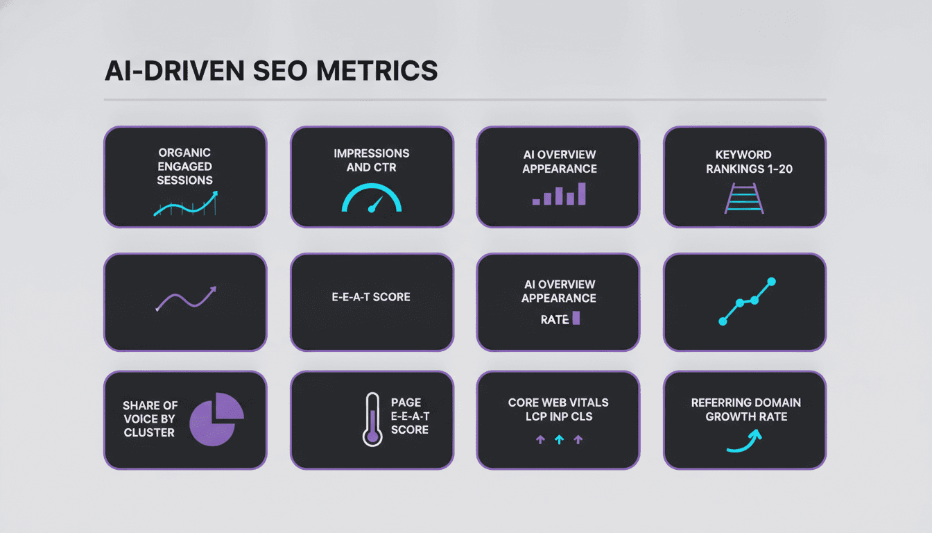 Full-stack SEO performance metrics dashboard layout for 2026 showing eight key metrics