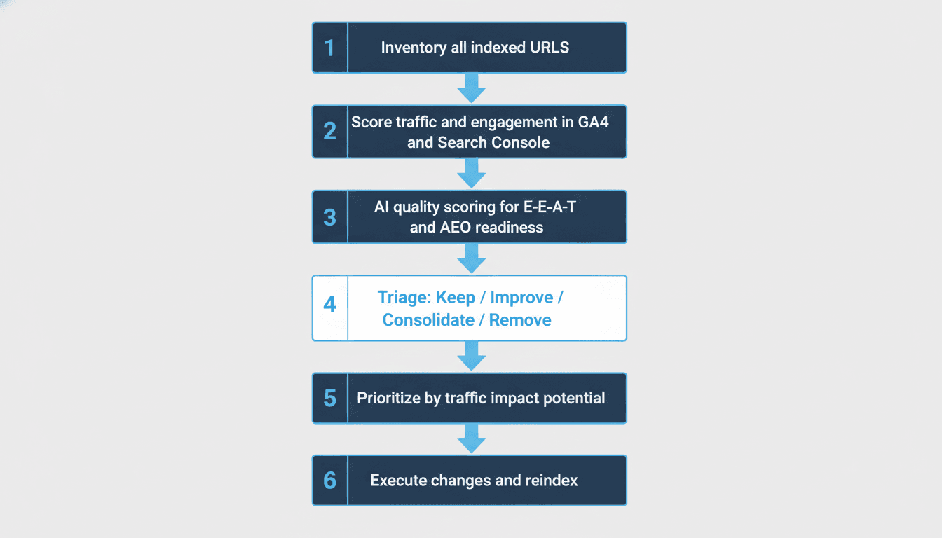 Flowchart showing the six-step content audit process for SEO optimization