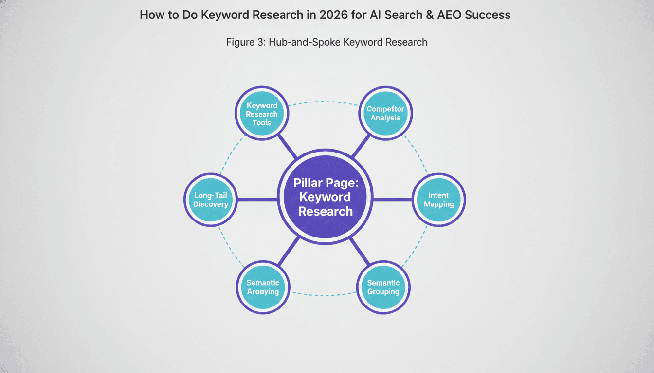 Content cluster structure showing a pillar page connected to six cluster pages with internal links for keyword research topic
