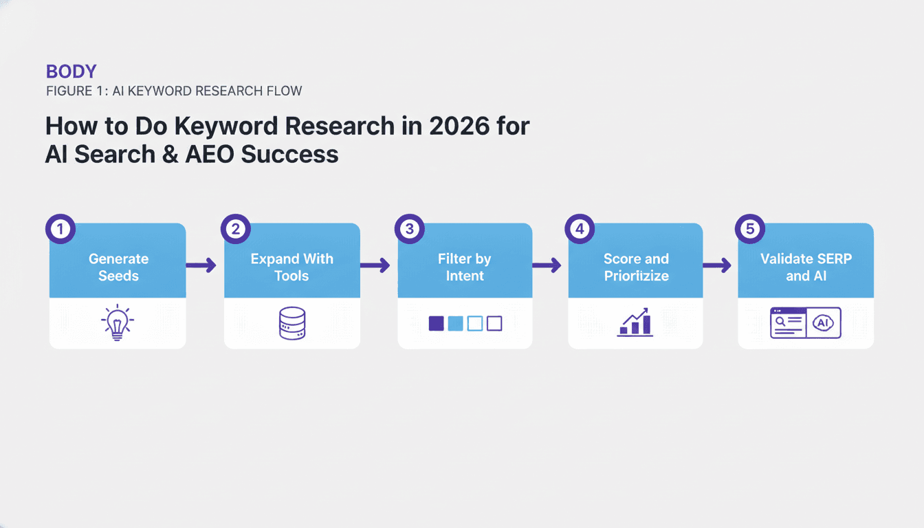 Step-by-step keyword research workflow from seed generation to SERP and AI validation in 2026