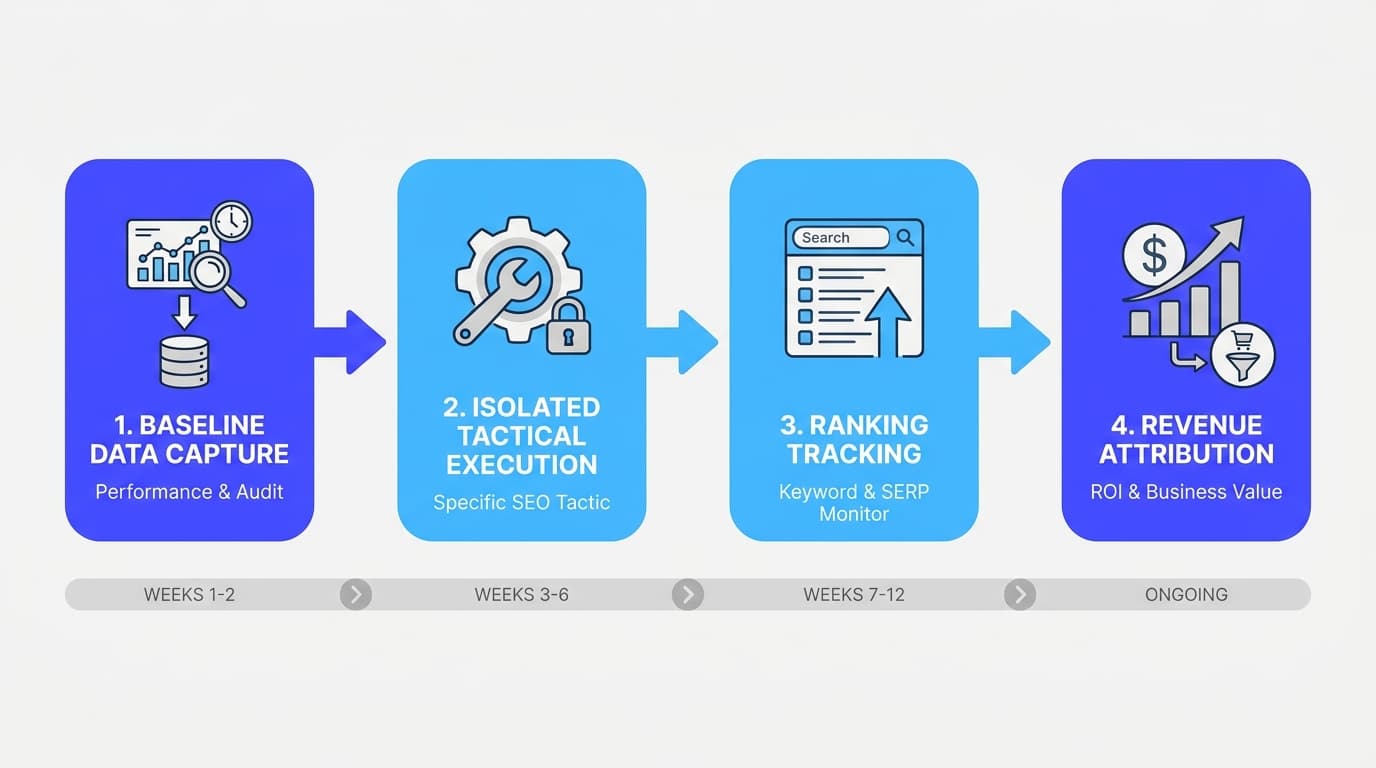 Step-by-step workflow for tracking and measuring an organic search case study.