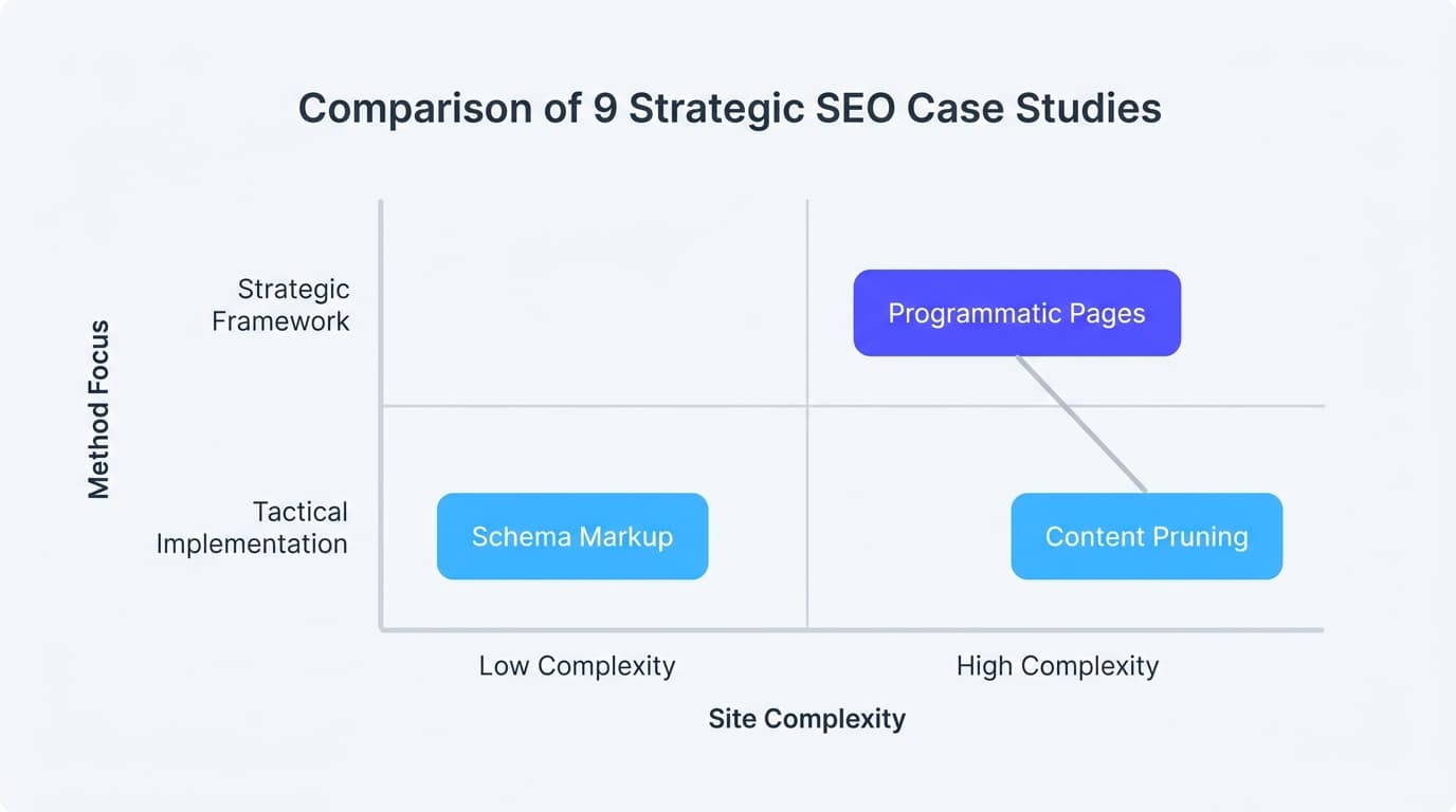 Comparison grid contrasting technical SEO tactics across nine case study examples.